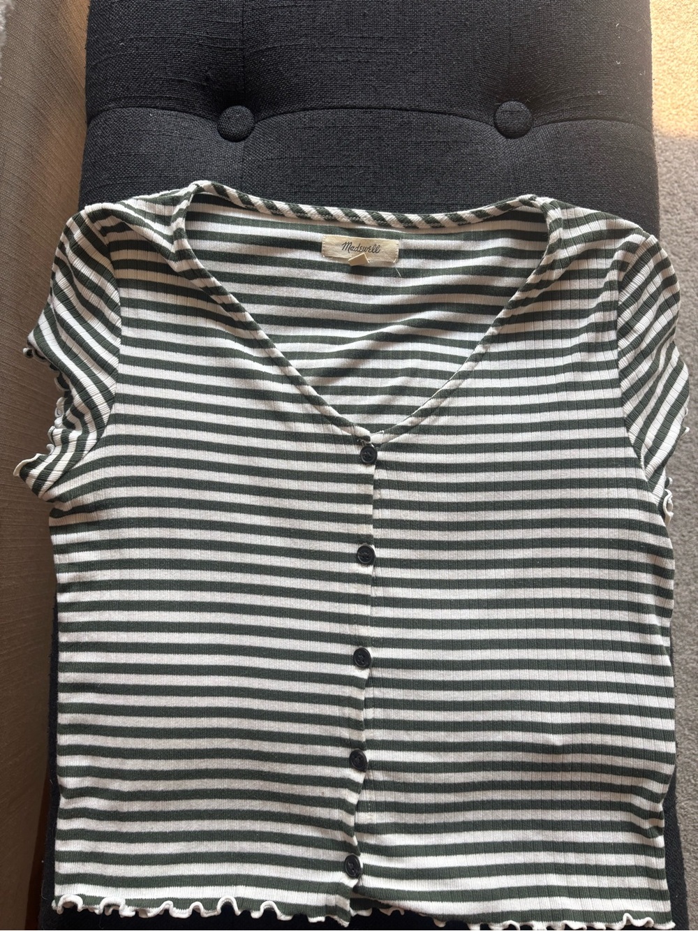 Madewell Olive Green & White Striped Button-Front Crop Top